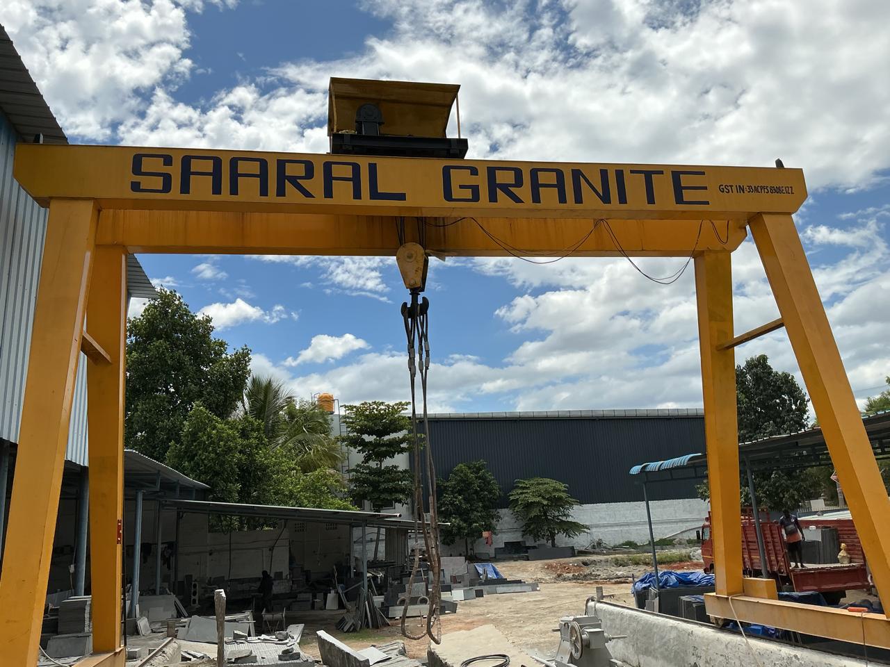 Saaral Granite branded gantry crane at the Salem factory yard